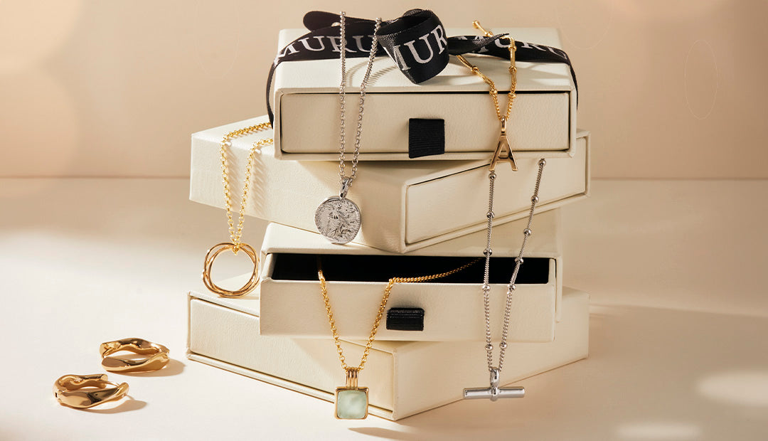 Images of jewellery hanging from Christmas gift box